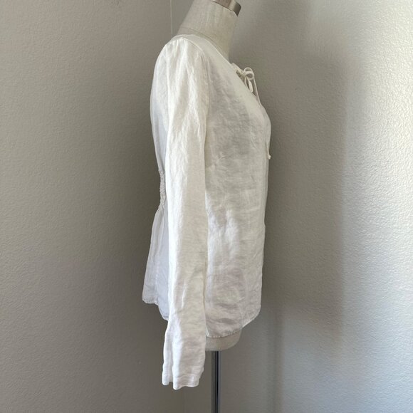 Juicy Couture Popover Linen Blouse Keyhole Tie Smocked White Minimalist Sz M - Picture 3 of 12